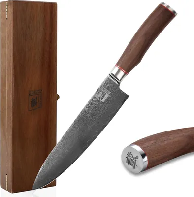 Produktbild von Zayiko Kurumi Damast Chef Messer I 20 cm Klinge I Nussbaumgriff I Holzbox