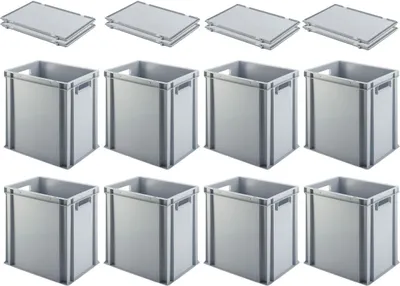 Produktbild von SuperSparSet 4x Eurobehälter mit offenem Griff und Scharnierdeckel | HxBxT 40x30x40cm | 37 Liter | Grau | Eurobox, Transportbox, Transportbehälter, Stapelbehälter