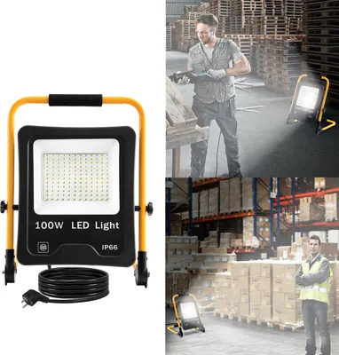 Image de UISEBRT 100W LED Projecteur Blanc froid Avec prise Projecteur de chantier Jaune Trépied Lampe de chantier IP66 Extérieur Intérieur Jardin Garage