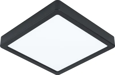 A square black ceiling light with a white illuminated panel.