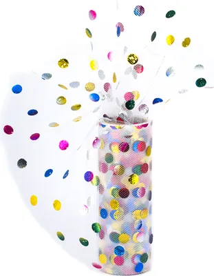 Produktbild von Tüll Stoff Rolle mit Punkten 15cm x 9m Weiß / Bunt Regenbogen