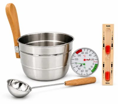 Produktbild von HAF Saunakübel Set Edelstahl Silber 4,5 Liter + Saunakelle, Sanduhr & Klimamesser | Aufgusskübel mit Buchenholzgriff | Hochwertiges Sauna Zubehör