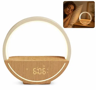 Produktbild von 4-in-1 Nachttischlampe mit Wecker, Wake-up-Licht, Nachtlicht und USB-Ladefunktion, 20 Natur- und Schlafgeräusche, 2 Alarme, Snooze