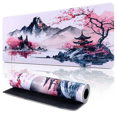 Productafbeelding van XXL muismat, grote gaming muismat (800 x 300 mm), verbetert precisie en snelheid, muismat met gestikte randen, met een Japanse inkttekening