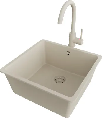 Produktbild von PRIMAGRAN Unterbauspüle Granit Beige 46x44cm, Spülbecken 1 Becken + Küchenarmatur 32x20cm + Ablauf-Set, Granitspüle ab 50er Unterschrank - Venedig Easy
