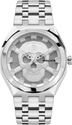 A close-up, studio shot of a silver Police brand wristwatch with a skull design on the face.