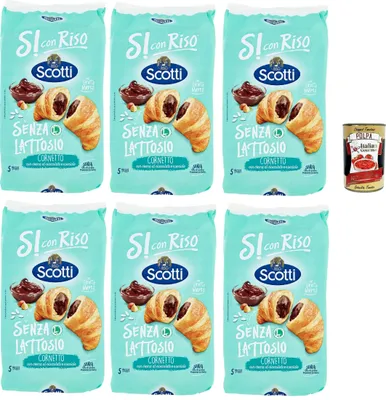 Produktbild von Riso Scotti, Si con Riso - Cornetti Senza Lattosio nocciola, Laktosefreie Croissants mit Haselnusscreme – Kuchen Laktosefreie süßer Snacks, ohne Palmöl, 6x 240g + Italian Gourmet polpa 400g
