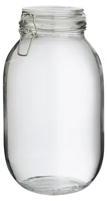 A clear glass jar with a wire bail closure.