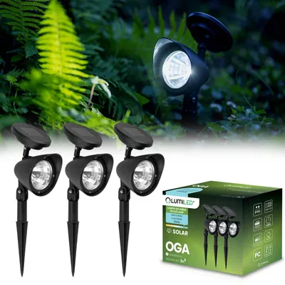 Produktbild von LUMILED 3er Set LED Solar Gartenstrahler LED Gartenlampe für Außen mit Erdspieß, Kaltweiß 6500K IP44 Spritzwasserdicht Schwarz Reflektor Garten