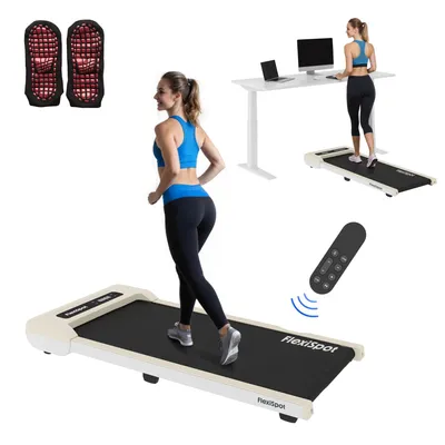 Obrázek produktu pro Běžecký pás FlexiSpot, chodící pás 2 v 1, nosnost až 120 kg, rychlost 1–6 km/h, s dálkovým ovládáním a LED displejem, včetně ponožek na cvičení a mazacího oleje, pro domácnost i kancelář, bílá barva