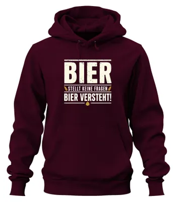 Productafbeelding van Bier stelt geen vragen. Grappige hoodie met de tekst "Alcohol". Kleur: bordeauxrood. Maat: XL
