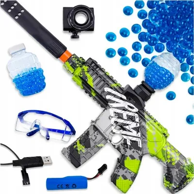 Produktbild von Elektrischer Gel-Blaster Automatik-Gewehr mit Schalldämpfer – Soft-Gel-Kugeln Set – USB-Akku & Schutzbrille – Taktisches Design – Grün-Grau