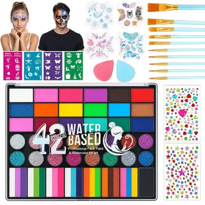 Produktbild von Kinderschminke Set 42 Farben Schminkpalette Waschbar mit Pinseln und Schablonen