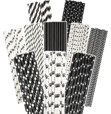 Productafbeelding van Papieren rietjes, zwart, 150 stuks, 10 verschillende designs, 7,75 inch