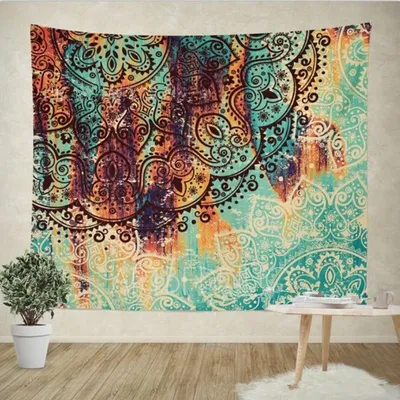 Obrázek produktu pro Indický nástěnný závěs, textilní dekorace, gobelín, tkanina z Goa, přehoz na postel – tyrkysová polokruh – 230 x 150 cm