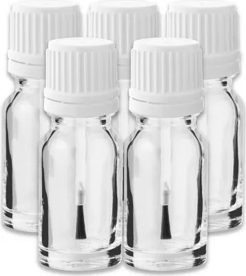 Produktbild von 5x Farblose Glasflasche 10 ml mit weißem Pinsel – Kosmetikflasche