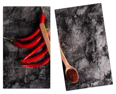 Produktbild von Spritzschutz Herdabdeckplatte Schneidebrett aus Glas Chilischoten und Löffel 2-Teilig (60x52cm)