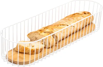 Produktbild von eluno Drahtschale mit Bambusboden, Drahtkorb Mehrzweckkorb, Obstschale, Brotkorb, Brötchenkorb, langer Korb für Baguette, matt weiß