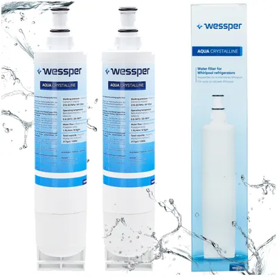 Two water filters and their packaging are shown, with water splashes around them.