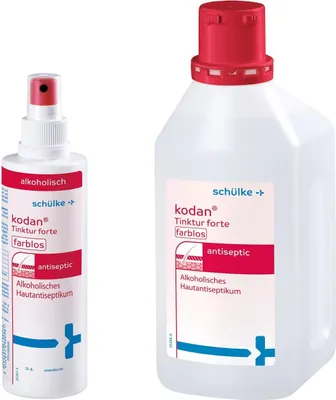 Two bottles of antiseptic solution, one spray bottle and one larger bottle, are shown side-by-side against a white background.