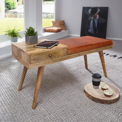 Produktbild von WOHNLING Sitzbank Ziegenleder / Massivholz Bank 100x52x38 cm im Retro Stil Flur Polsterbank mit Stauraum Gepolsterte Lederbank Aufbewahrung Braun