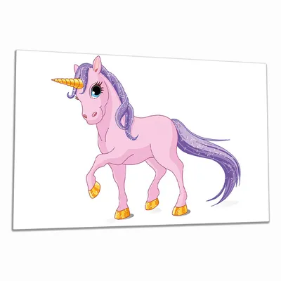 Produktbild von Wallario Herdabdeckplatte aus Glas, Größe 90 x 52 cm 1-teilig, Motiv Einhorn in rosa mit Schweif in lila