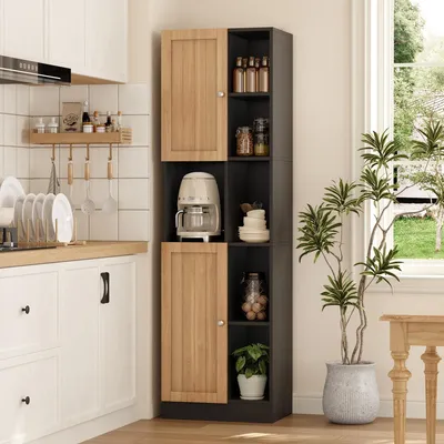 Imagen del producto de Armario de cocina alto con 6 estantes abiertos, 2 puertas y estantes ajustables, sistema de seguridad anticaída, dimensiones 50x35.5x170 cm, color antracita/roble