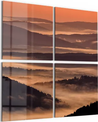 Produktbild von DEQORI Glasbild Echtglas 4x50x50 cm 'Nebelberge im Morgenrot' Wandbilder XXL groß
