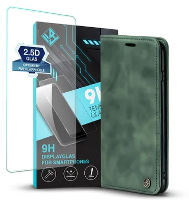 A product shot of a green flip phone case and a screen protector.