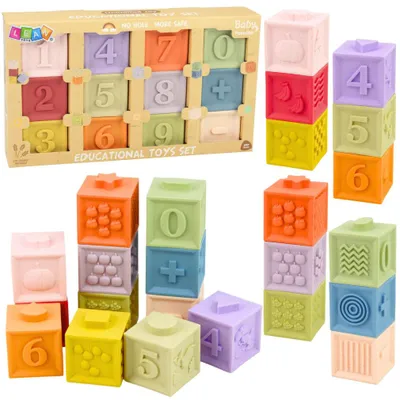 Produktbild von Set mit 12 pädagogischen Gummi-Sensorikblöcken mit Zahlen und Texturen.