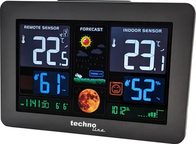 A digital weather station displaying various readings and forecasts.