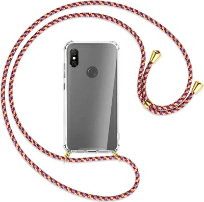 Produktbild von Handykette Backcover-Schutzhülle mit Band (Metall goldfarben) für Xiaomi Redmi Note 6 Pro - weinrot/gelb/grau
