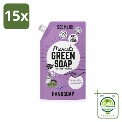 Imagen del producto de 15 unidades de jabón líquido para manos "Marcel's Green Soap", recambio, aroma lavanda y romero, 500 ml, pack grande