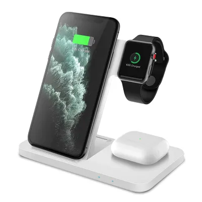 A white 3-in-1 wireless charging station with an iPhone, Apple Watch, and AirPods charging case.