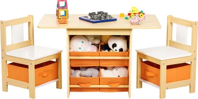 Produktbild von Yorbay Kindertisch mit 2 Stühle, Kindertisch mit Stauraum , 3tlg Kindersitzgruppe, Maltisch für Kinderzimmer,Orange +Holzfarbe +Weiß