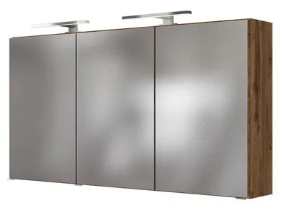 A bathroom medicine cabinet with mirrored doors and integrated lighting.
