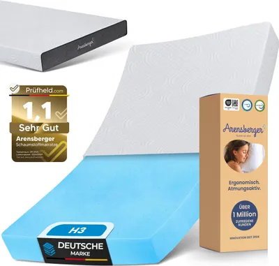 A collage of images showing a mattress, its foam layers, and packaging with marketing information.