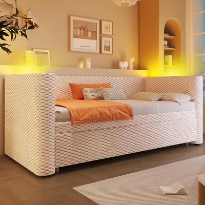 Produktbild von STILVORA Polsterbett 90 × 200 cm, Schlafsofa mit Ausziehbett 90 × 200 cm, Daybett mit LED-Lichtleiste, Lattenrost, Samt, beige