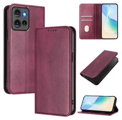 A collage of images showing a red leather flip phone case from different angles, including the interior with card slots and the phone inserted.