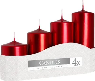 Four red metallic pillar candles of varying heights are displayed in a white cardboard holder against a white background.