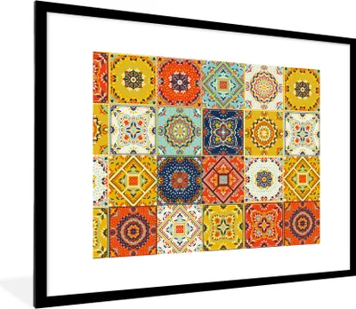 Produktbild von MuchoWow® Gerahmtes Poster Vintage - Blumen - Muster - Weiß - Orange 80x60 cm - Poster mit Schwarzem Bilderrahmen Wandposter Rahmen Foto Bilder - Schlafzimmer-Dekorationen - Fotoposter