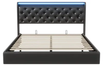 Productafbeelding van Tweepersoonsbed - Bed met opbergruimte, 160 x 200 cm - Bekleding van Polyurethanleer - LED-verlichting - Hoofdeinde met opbergruimte - Zwart - Zonder matras