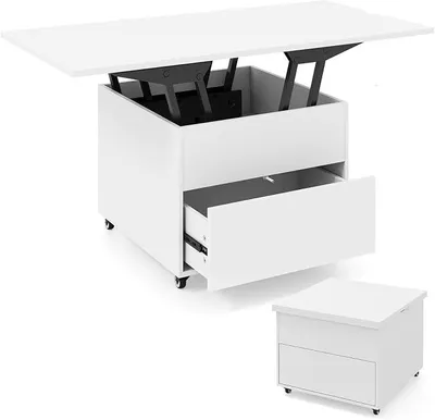 Imagen del producto de Mesa de centro con altura ajustable, mesa para el salón con cajón, ruedas y espacio de almacenamiento oculto. Mesa de café 3 en 1, convertible en mesa auxiliar y mesa de comedor. Mesa para sofá de 120 x 60 x 66 cm (blanca)
