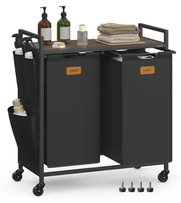 Produktbild von VASAGLE Wäschekorb 2 Fächer, 100 L, Wäschewagen mit Ablage, Rollen – Tintenschwarz + Aschbraun