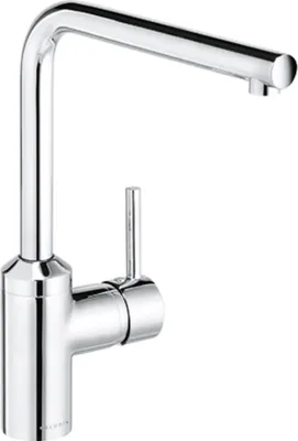 A chrome kitchen faucet on a white background.