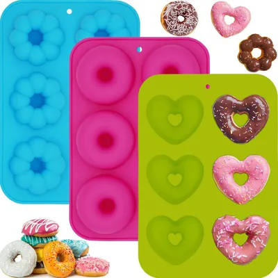 Produktbild von Donut Backform Set 3 Stück Silikon Antihaft 6 Hohlräume pro Form Herz Blütenkreis