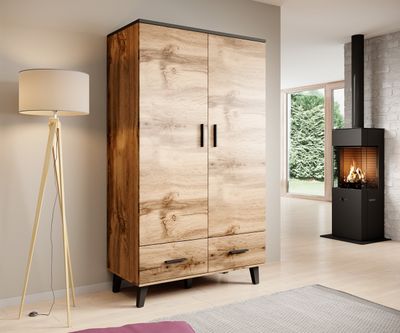Kleiderschrank Garderobe LOTTA 110cm wotan eiche / schwarz Stauraumschrank Schlafzimmerschrank 2 Schubladen