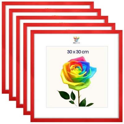 Produktbild von MG Design 5er Set Bilderrahmen 30 x 30 cm - Posterrahmen mit Rot Echtholzrahmen und bruchsicherem Acrylglas, Hoch & Quer mit stabiler Wandaufhängung