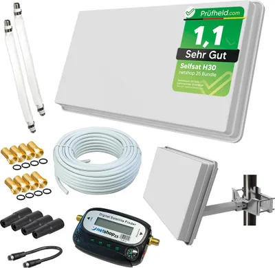 Produktbild von Selfsat H30D2+ Flachantenne Twin + 20m Kabel + Fensterhalterung + SAT-Finder + 2 Fensterdurchführung + 8 F-Stecker + 4 Wetterschutztüllen (Full HD 4K UHD Sat Anlage für 2 Teilnehmer) netshop 25 Set