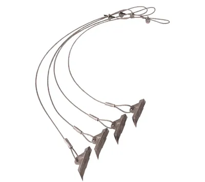 Four metal ground anchors with cables, presented on a white background.